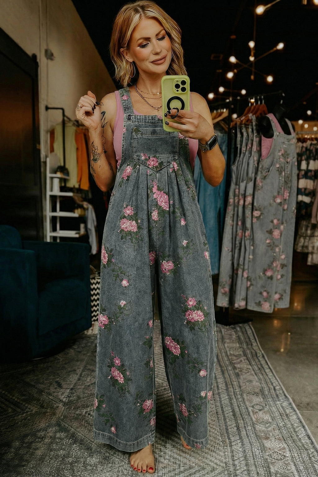Floral Print Pleated Wide Leg Denim Jumpsuit