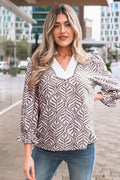 Brown Leaf Print Standing Collar Puff Sleeve Top