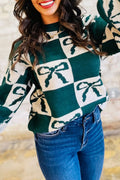 Green Checkered Bow Casual Sweater