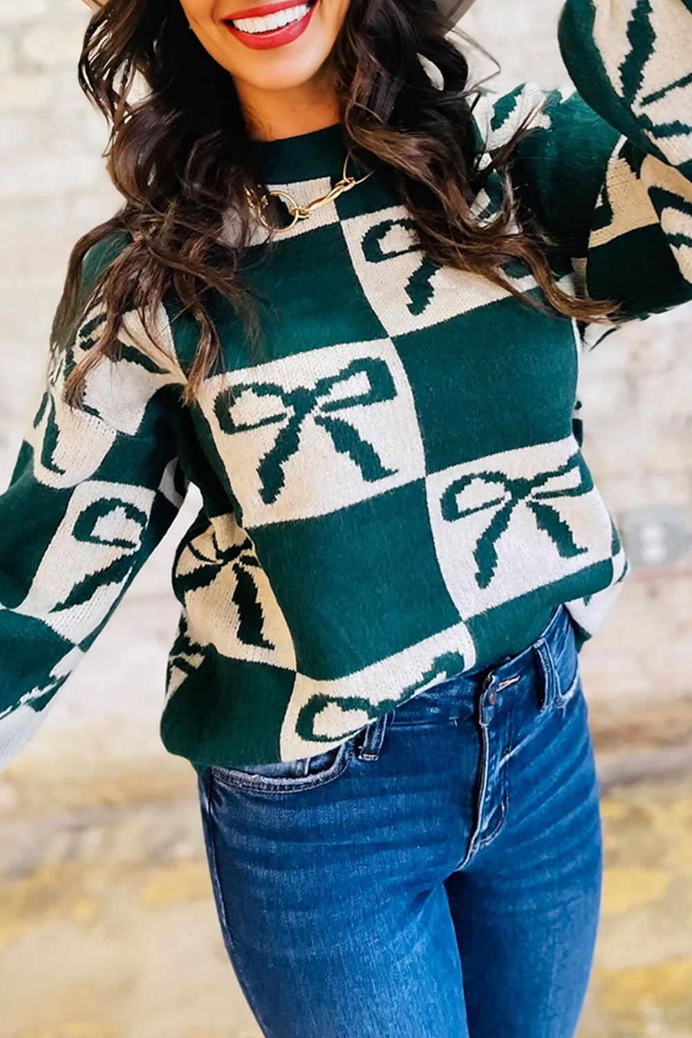 Green Checkered Bow Casual Sweater