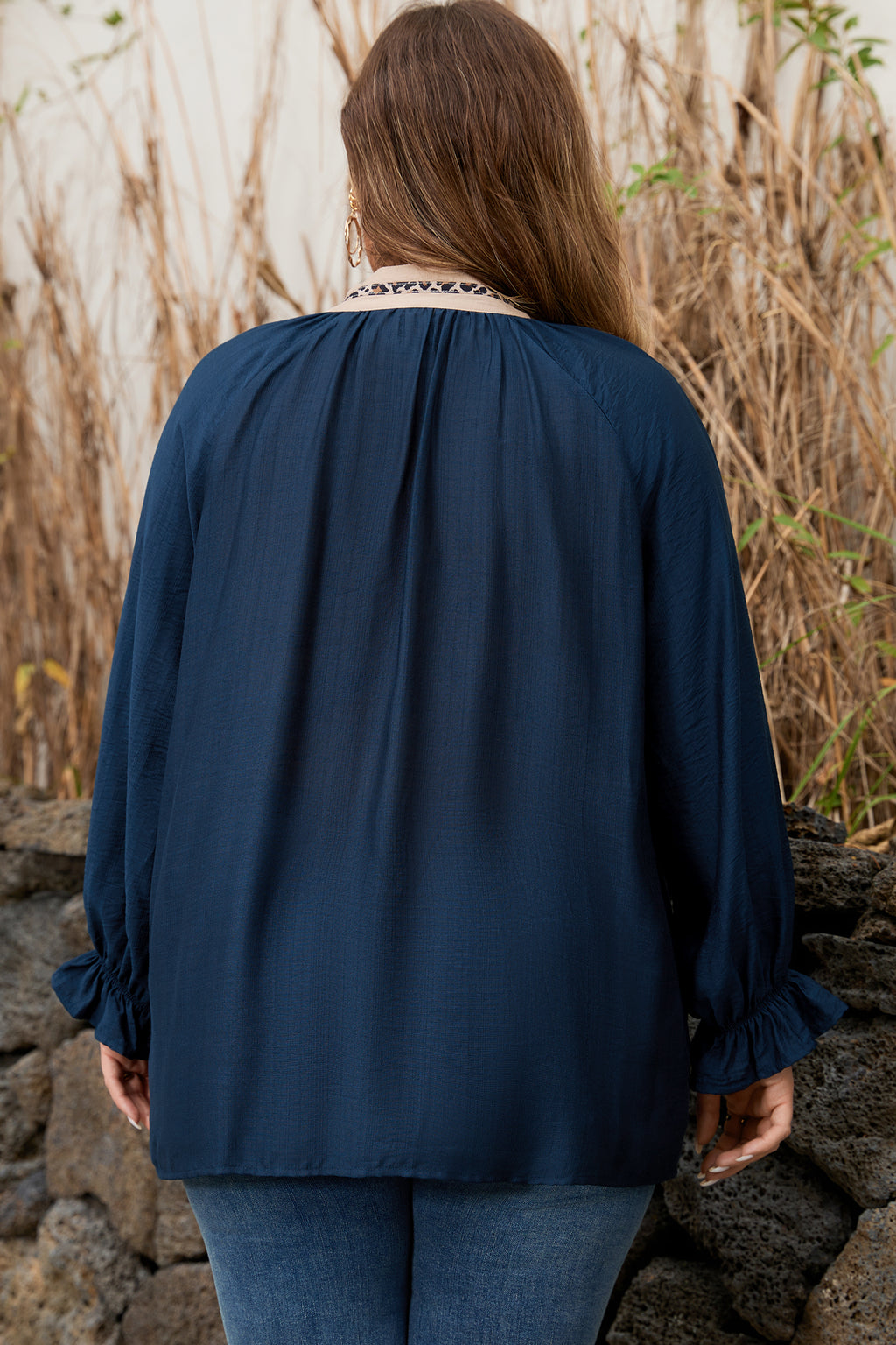 Plus Size Navy Blue Leopard Patchwork Blouse