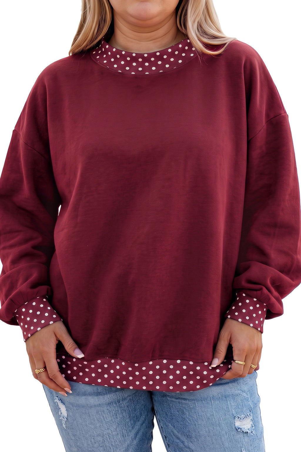 Dirty blue Polka Dot Patchwork Round Neck Plus Size Sweatshirt