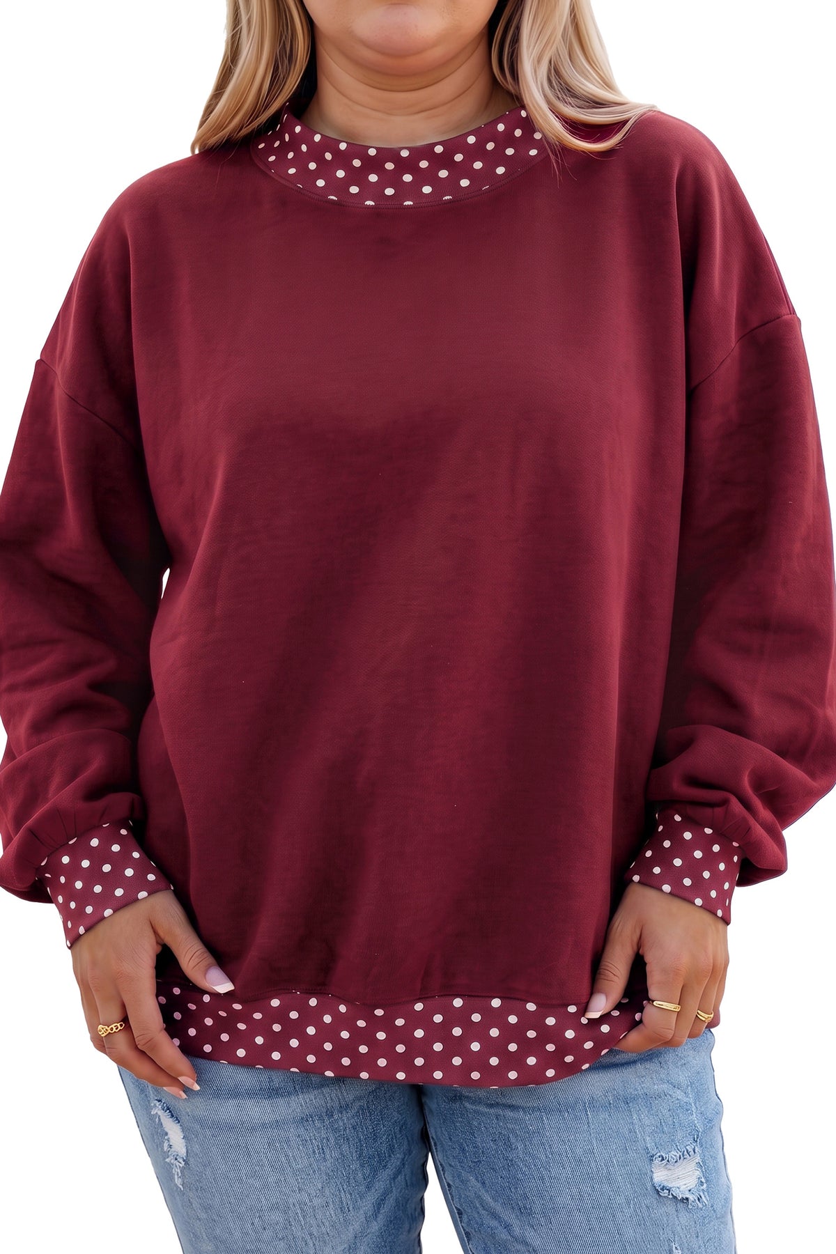 Dirty blue Polka Dot Patchwork Round Neck Plus Size Sweatshirt