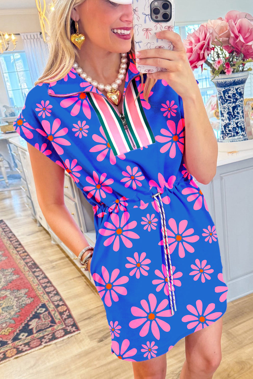 Purple Floral Striped Quarter Zip Dress