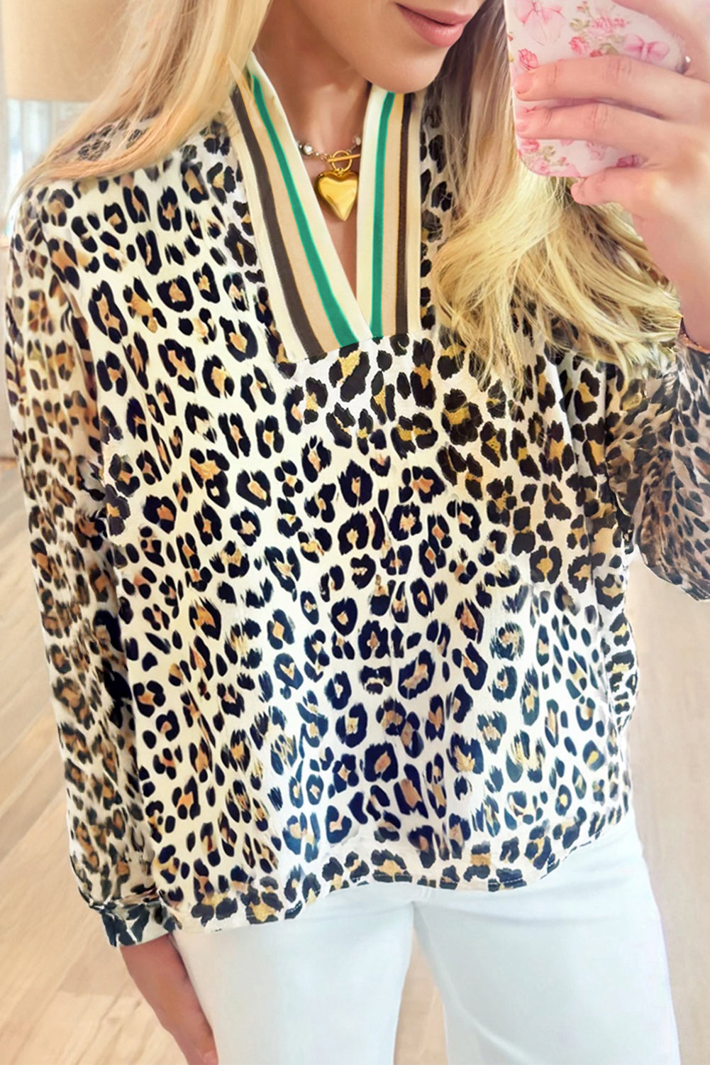 Khaki Leopard Print Contrast Striped V Neck Blouse