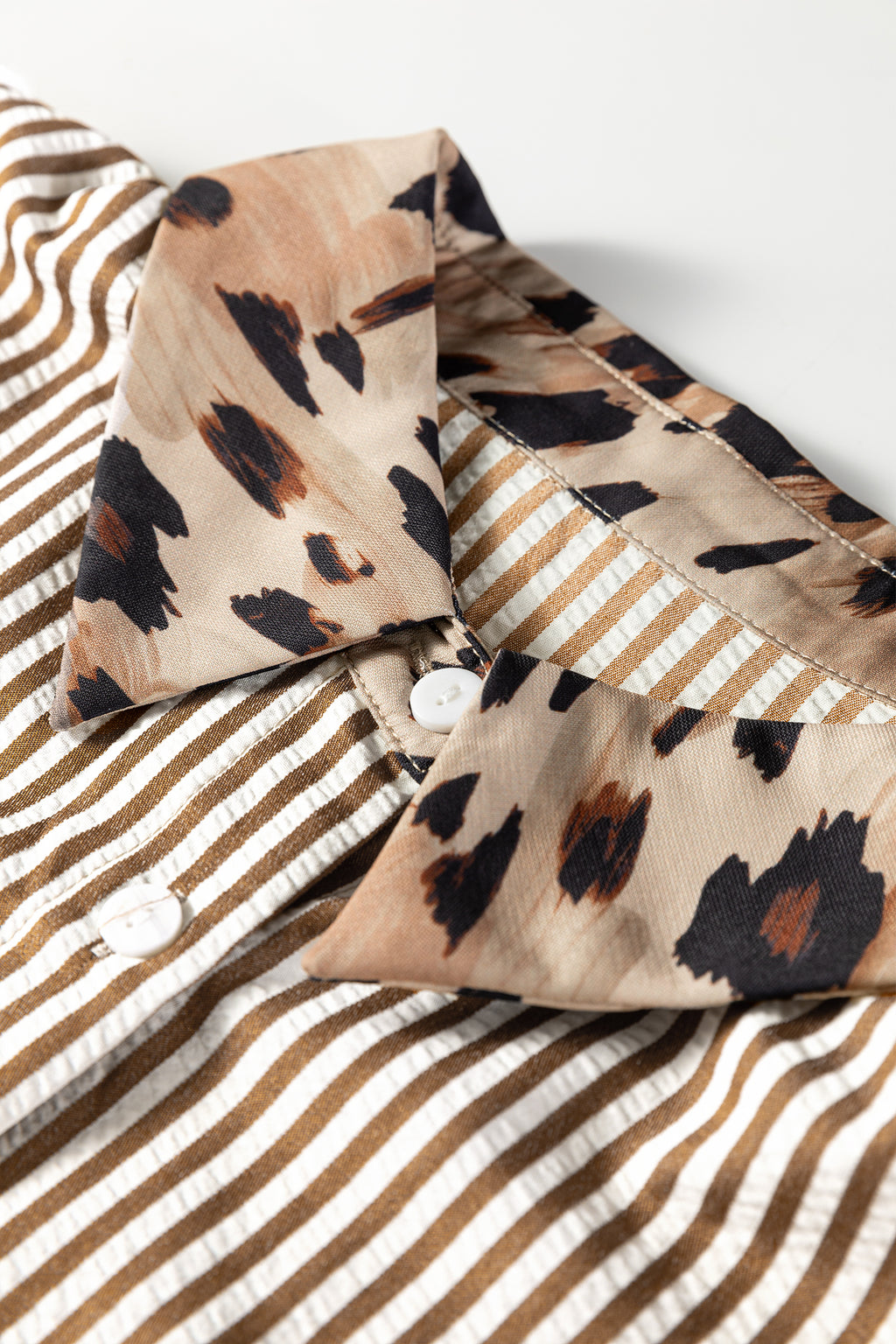 Plus Size Brown Stripe Leopard Patched Shirt