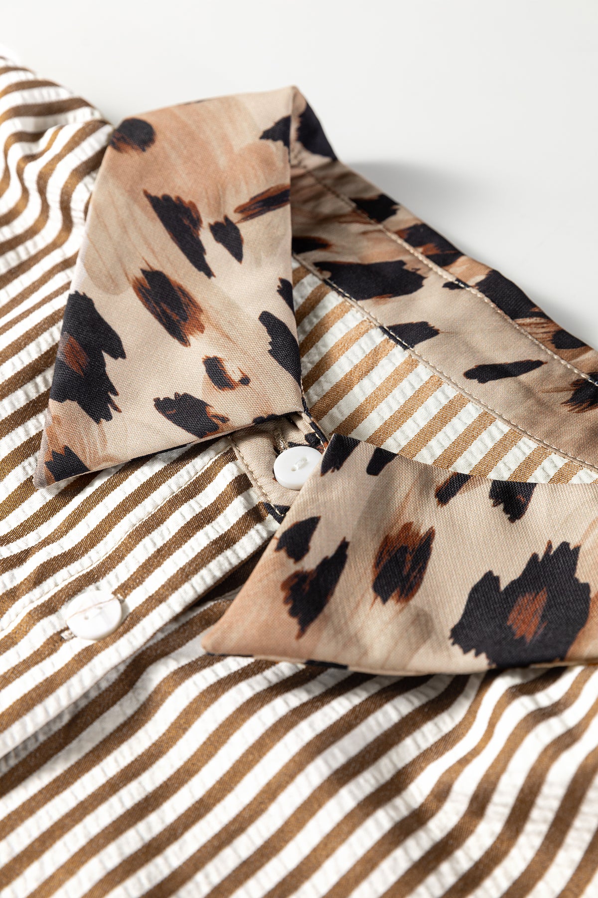 Plus Size Brown Stripe Leopard Patched Shirt