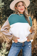 Green Color Block Ribbed Knit Baggy Sweater
