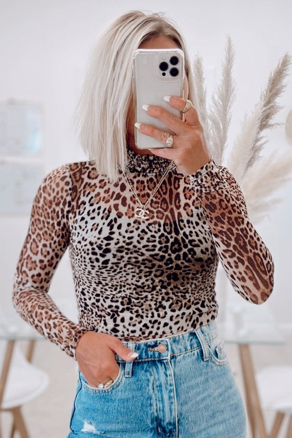 Brown Leopard Smocked Neck Mesh Bodysuit