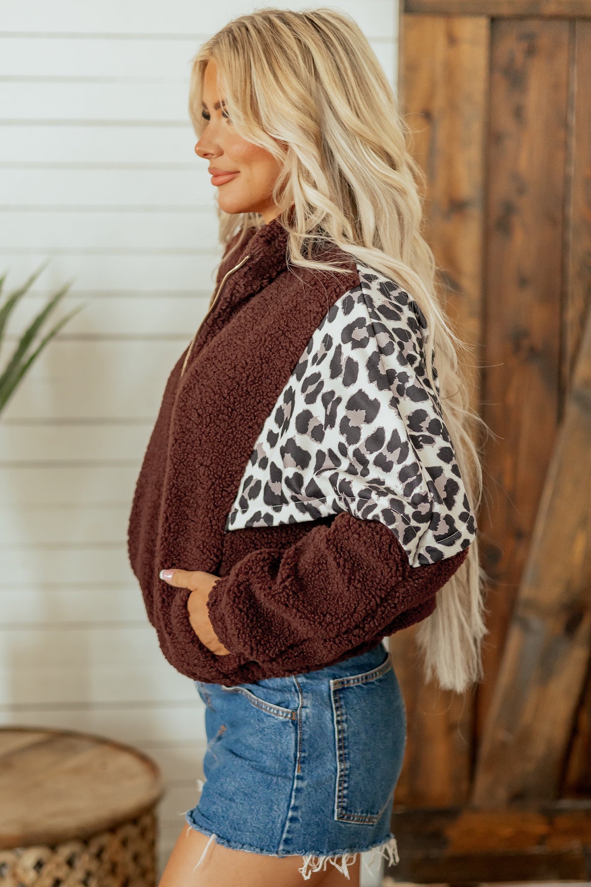 Coffee Leopard Western Style Zip-up Collar Jacket