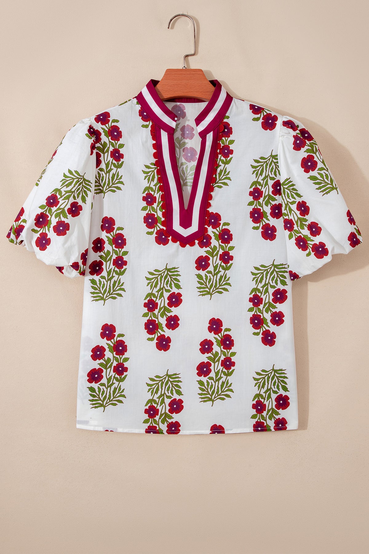 White Floral Short Bubble Sleeve Blouse