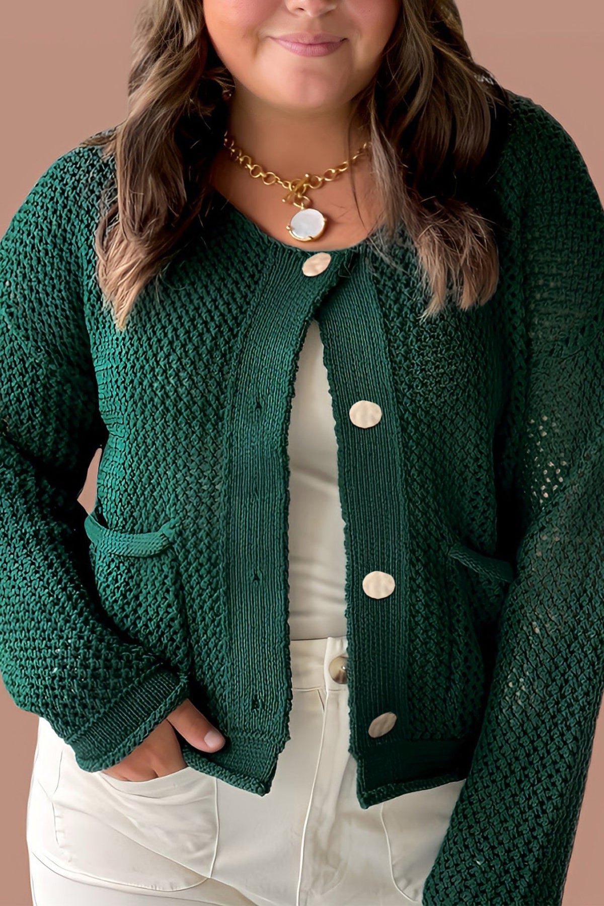 Blackish Green Plus Size Golden Accent Buttons Short Sweater Cardigan
