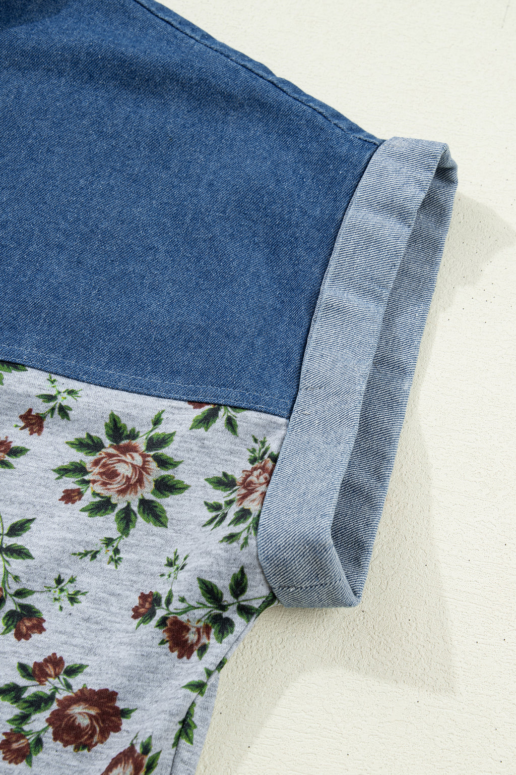 Floral Print Denim Buttoned Polo Collar Top