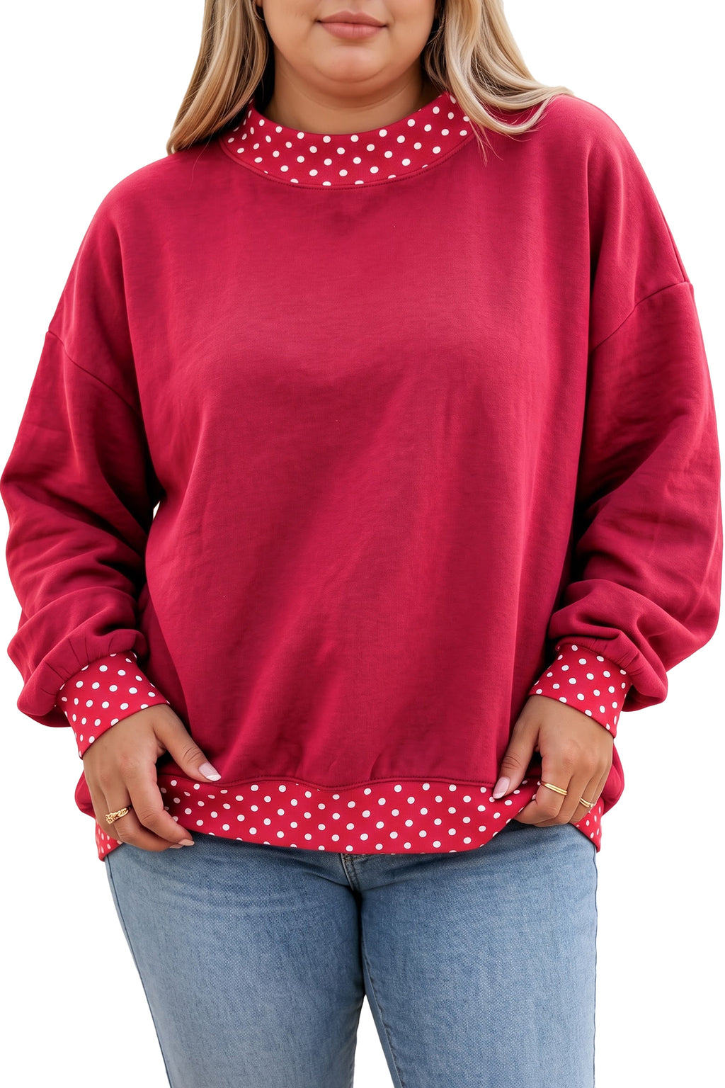 Dirty blue Polka Dot Patchwork Round Neck Plus Size Sweatshirt