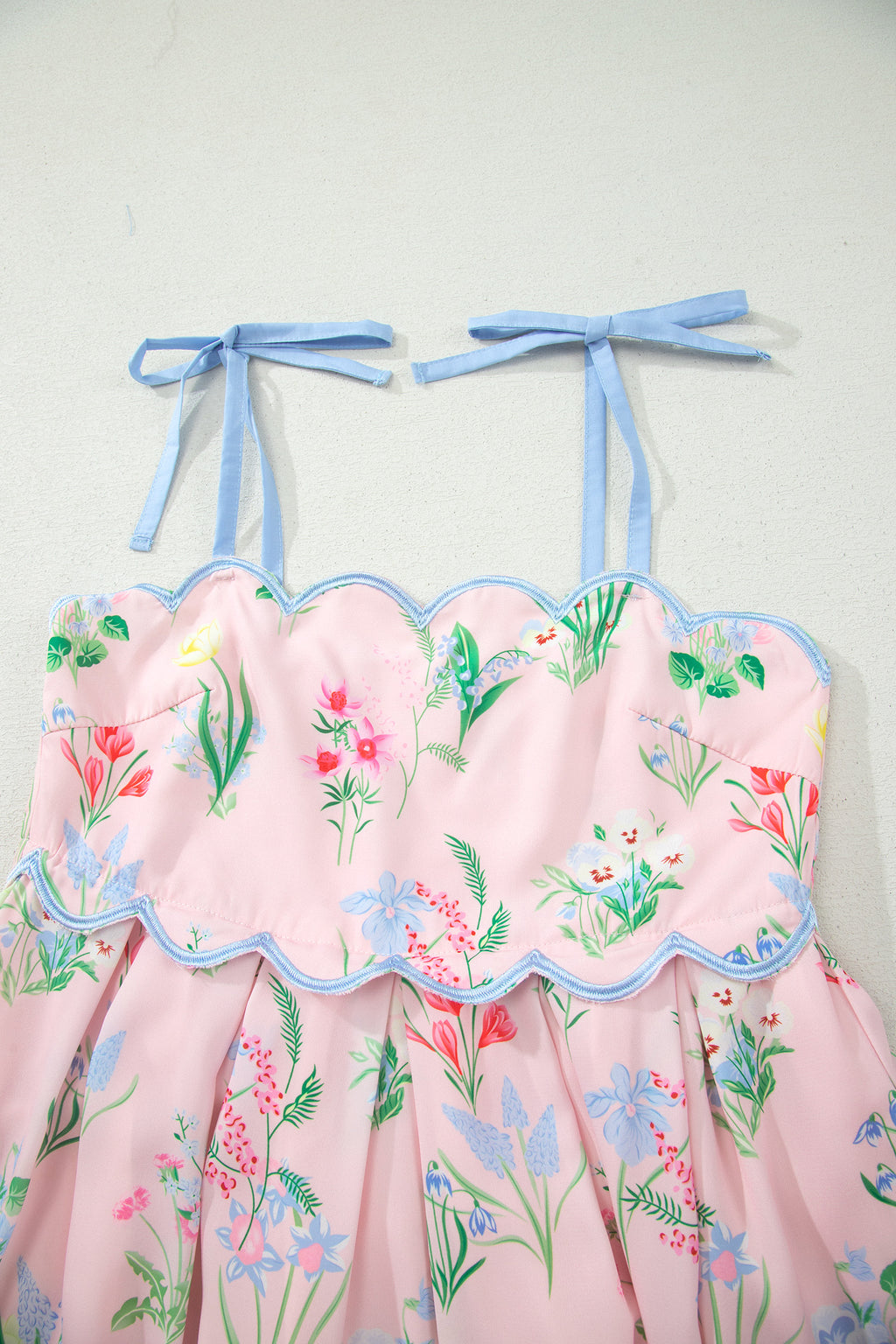 Floral Print Contrast Trim Self-tie Straps Dress