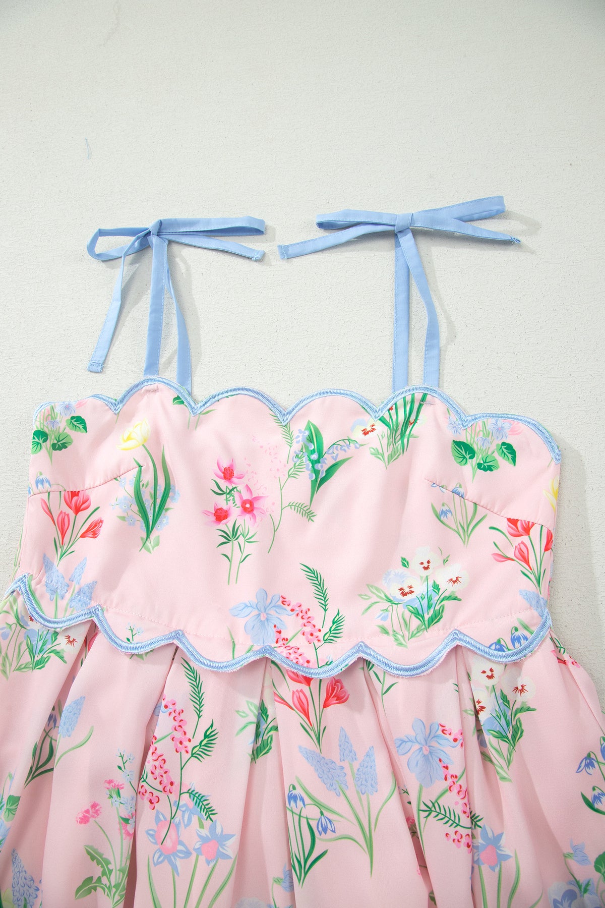 Floral Print Contrast Trim Self-tie Straps Dress