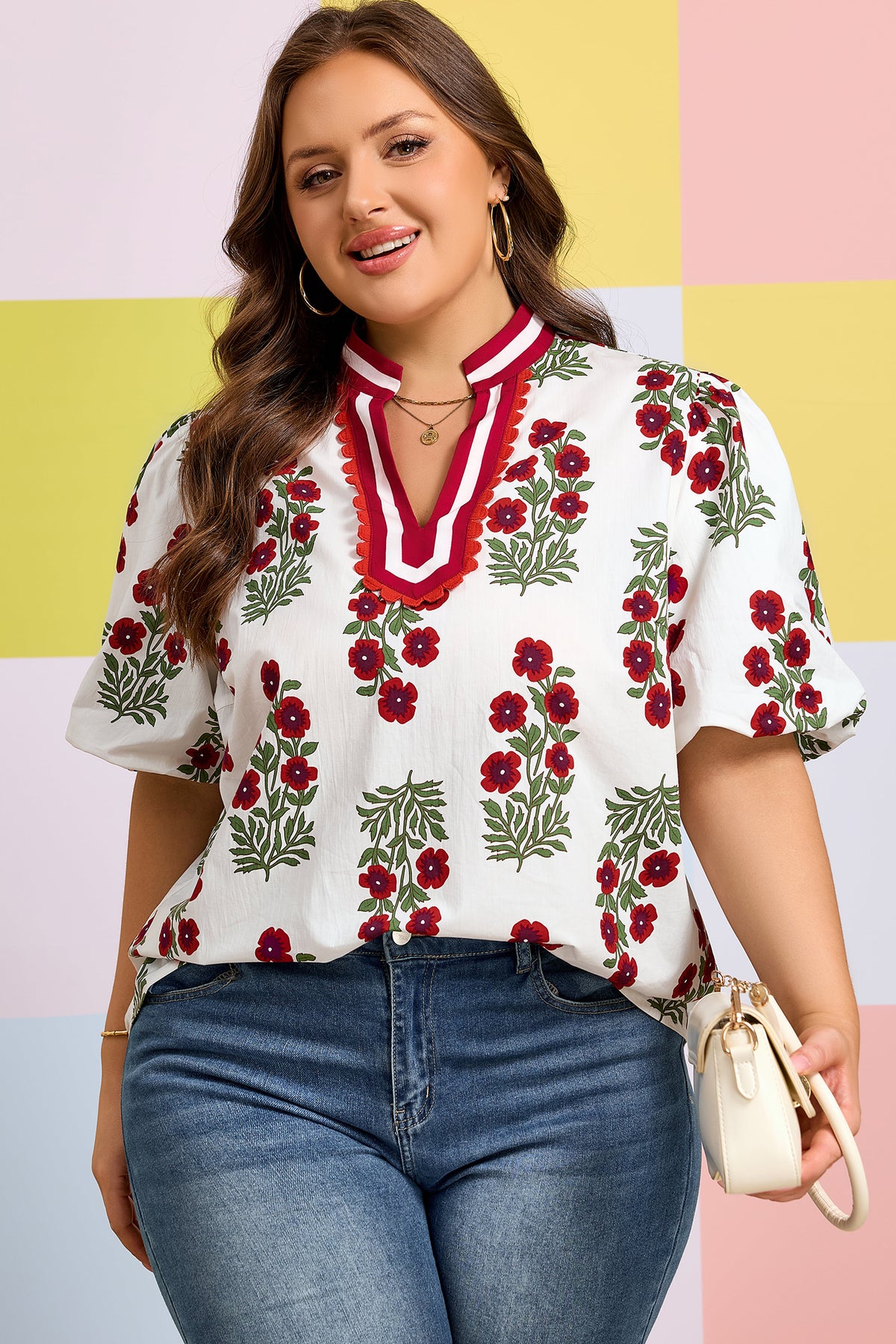White Plus Size Floral Print Blouse