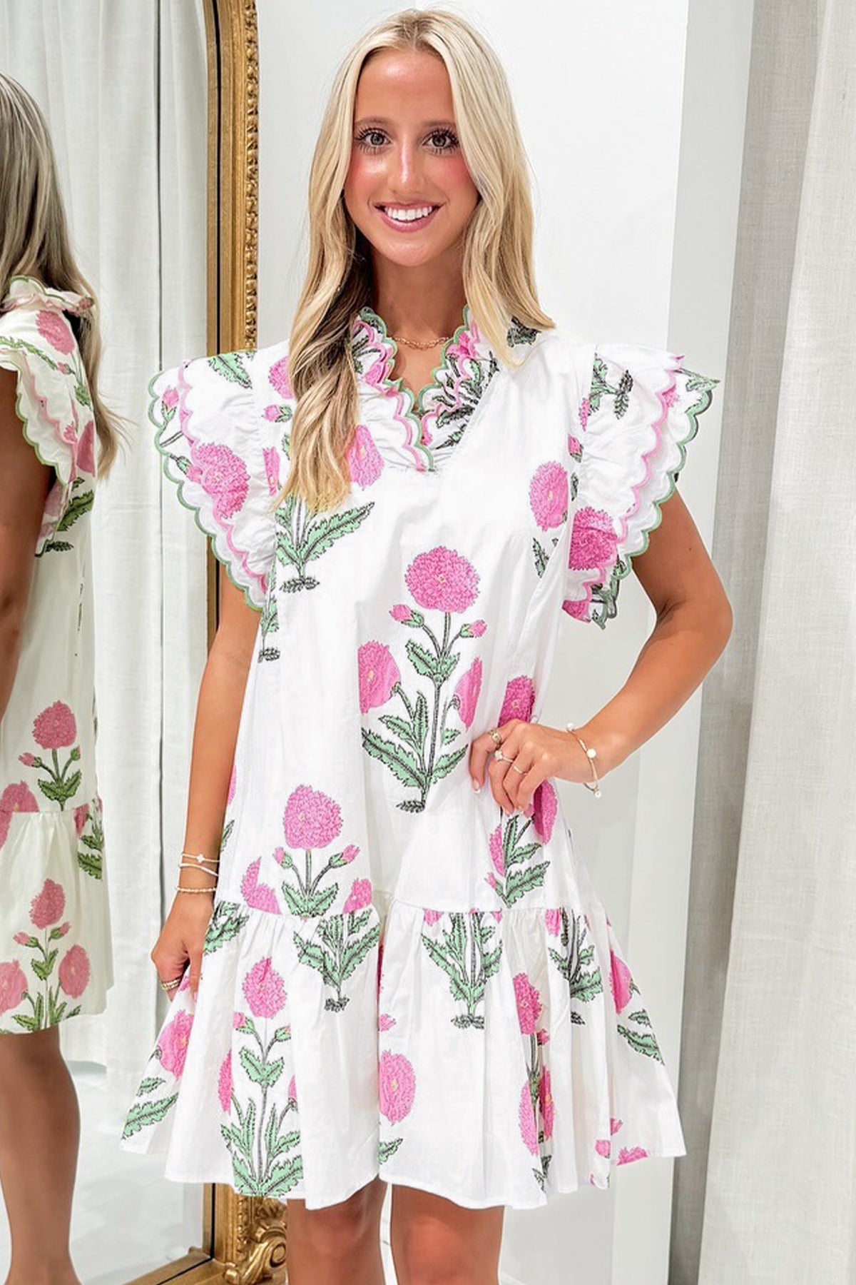 Floral Print Scalloped Embroidery Dress