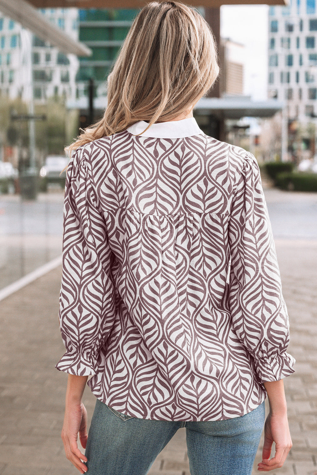 Brown Leaf Print Standing Collar Puff Sleeve Top