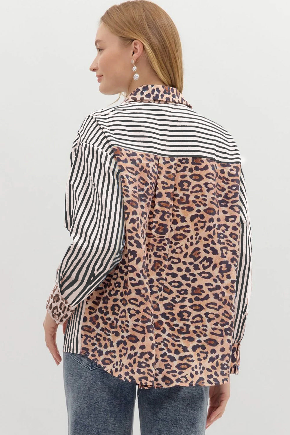 Leopard Print Patchwork Button Up Womens Shirt