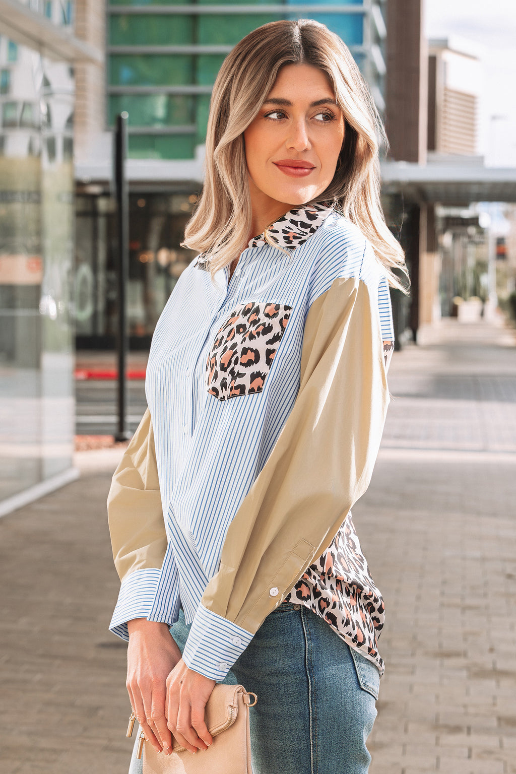 Sky Blue Stripe Leopard Patchwork Shirt