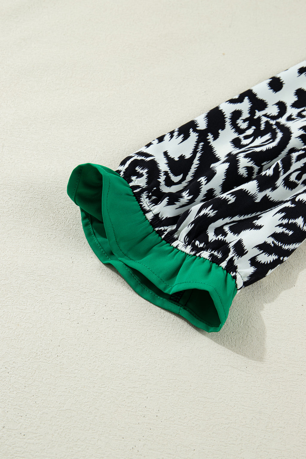 Green Damask Print Ruffled Blouse