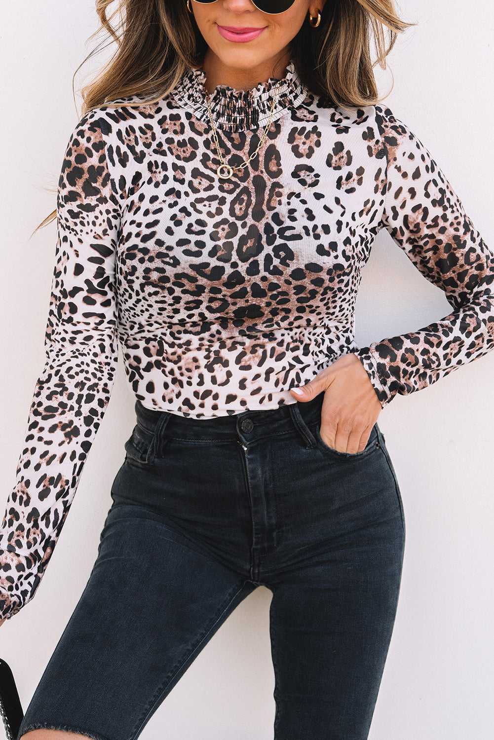 Brown Leopard Smocked Neck Mesh Bodysuit