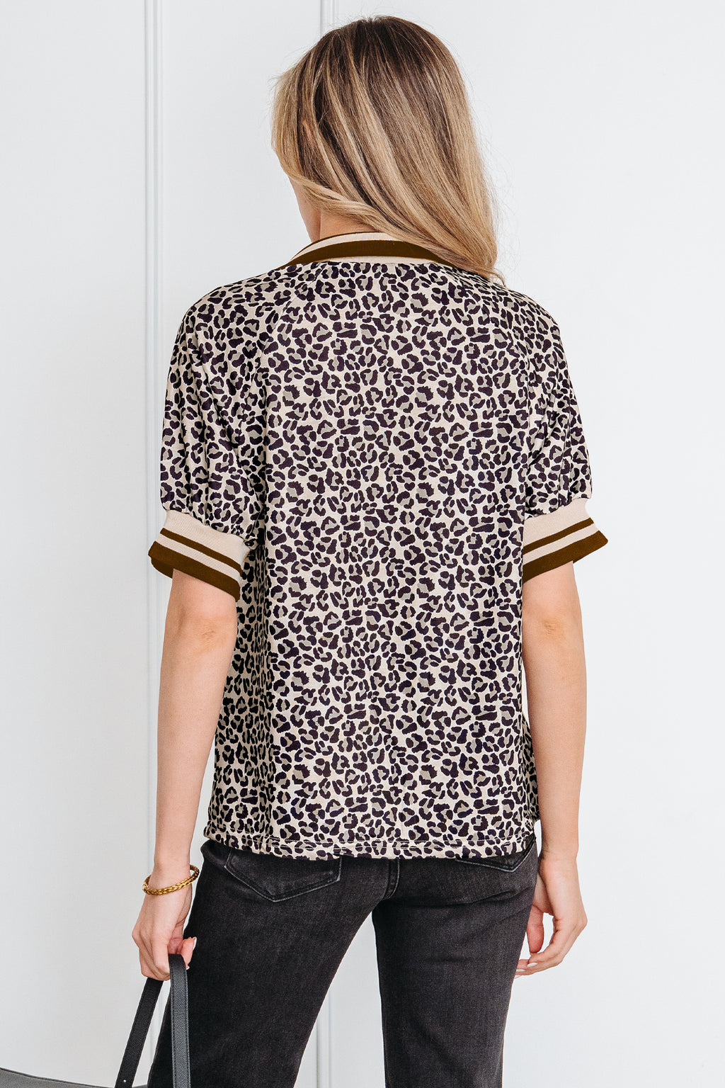 Khaki Leopard Print Half Zip Short Sleeve Top