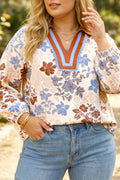 White Plus Size Floral Print Long Sleeve Blouse