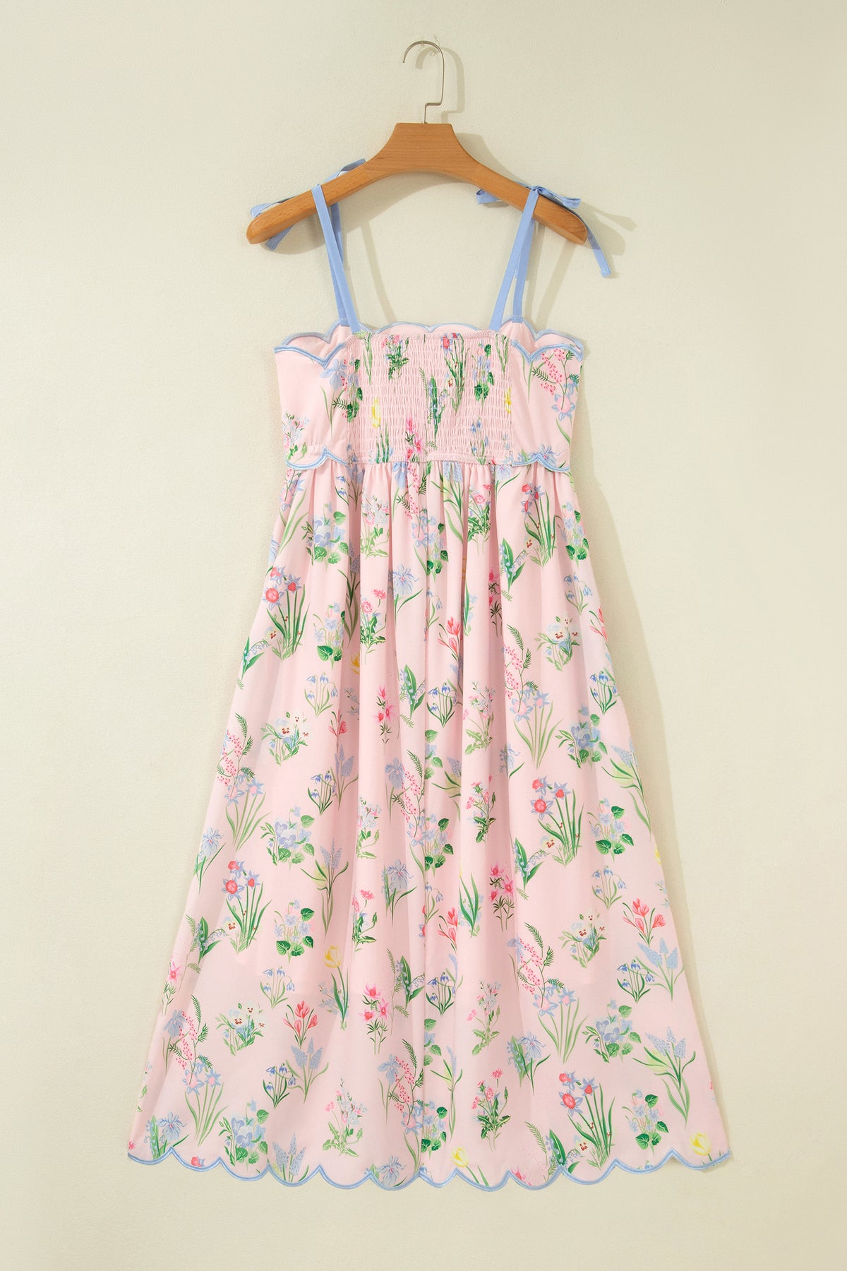 Floral Print Contrast Trim Self-tie Straps Dress