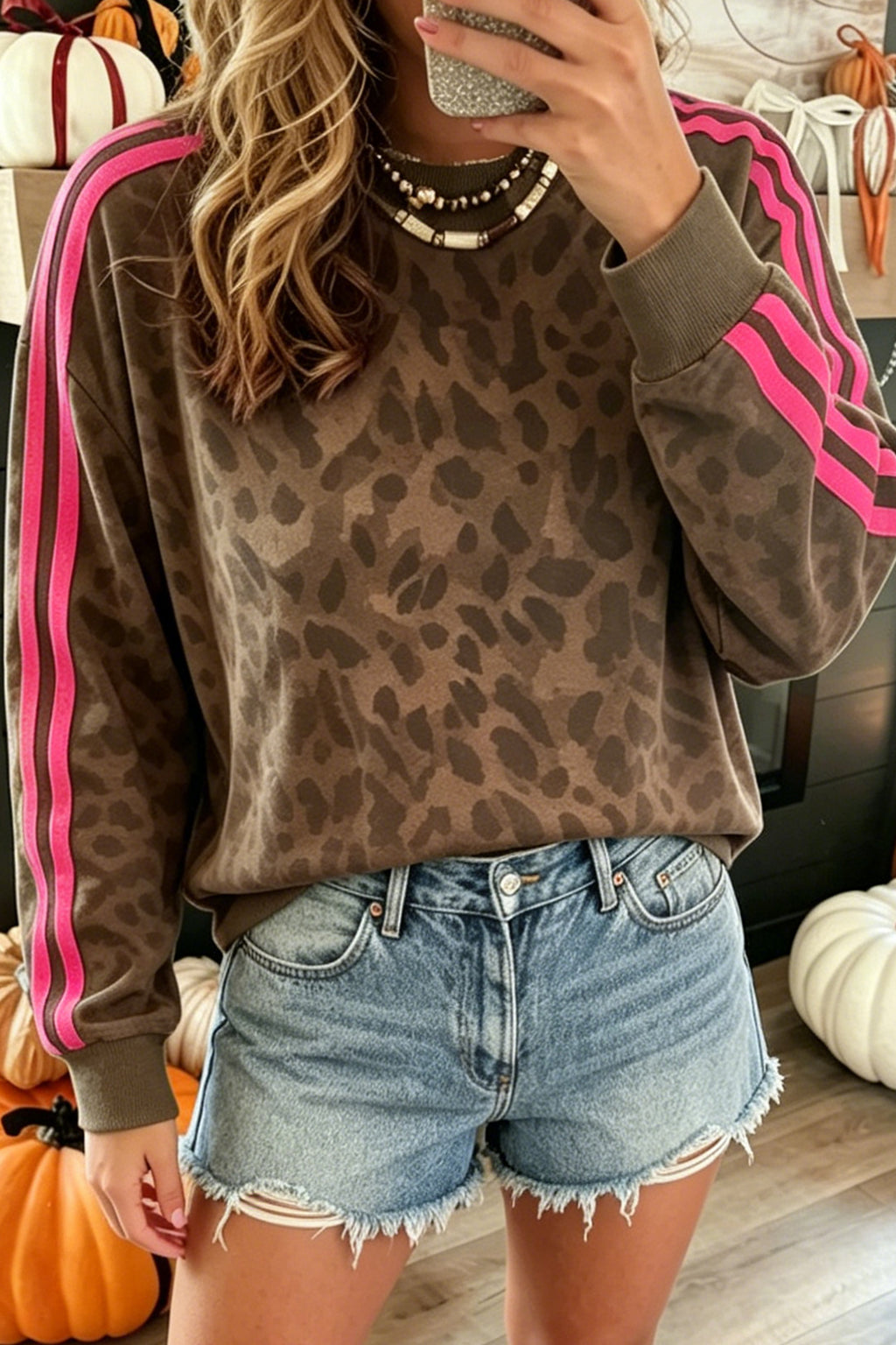 Brown Leopard Print Striped Detail Pullover Sweatshirt