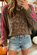 Brown Leopard Print Striped Detail Pullover Sweatshirt