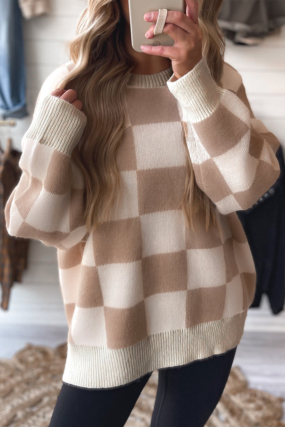 Checkered Pattern Ribbed Trim Knit Baggy Sweater