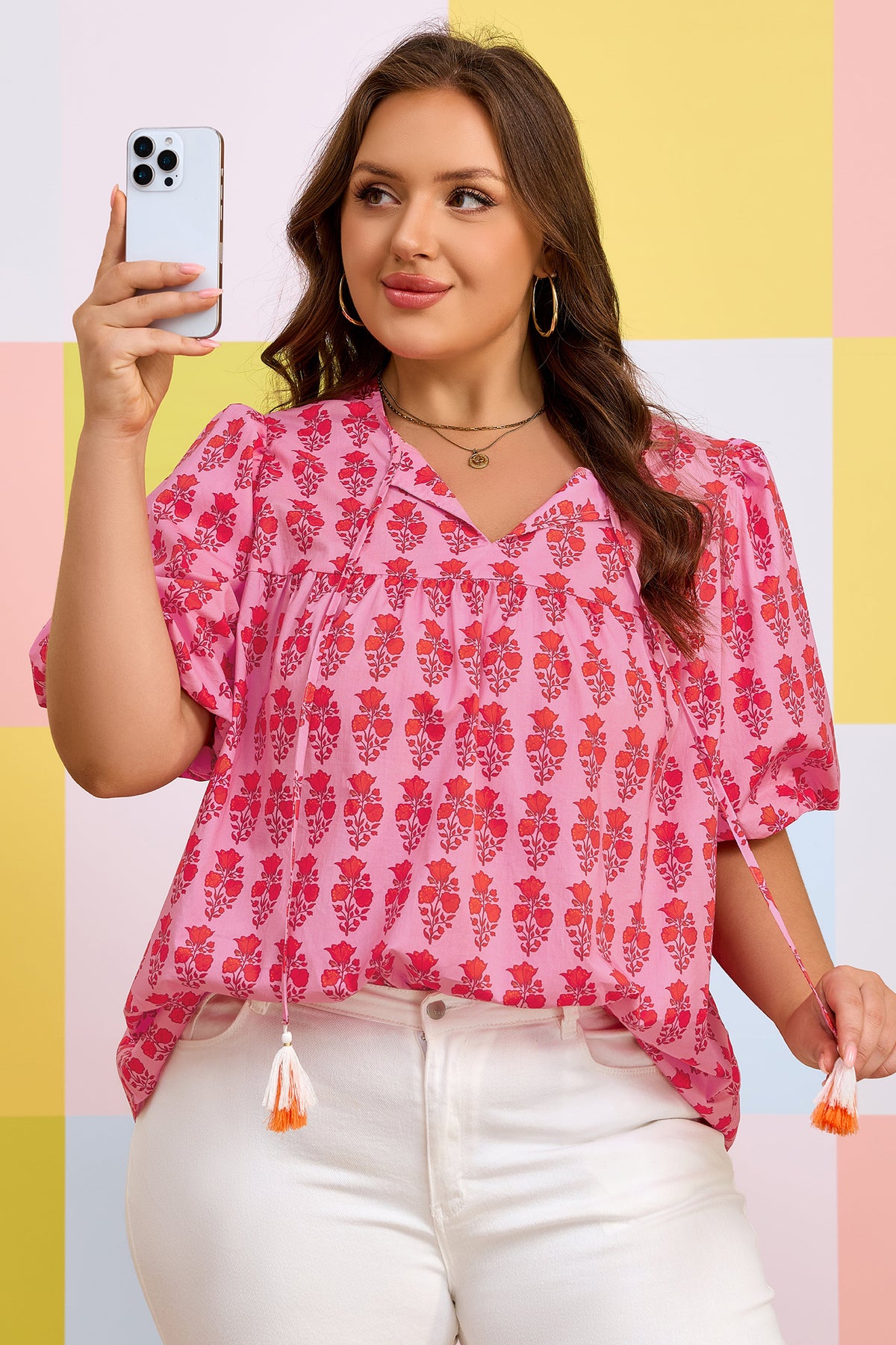 Pink Plus Size Floral Print Blouse