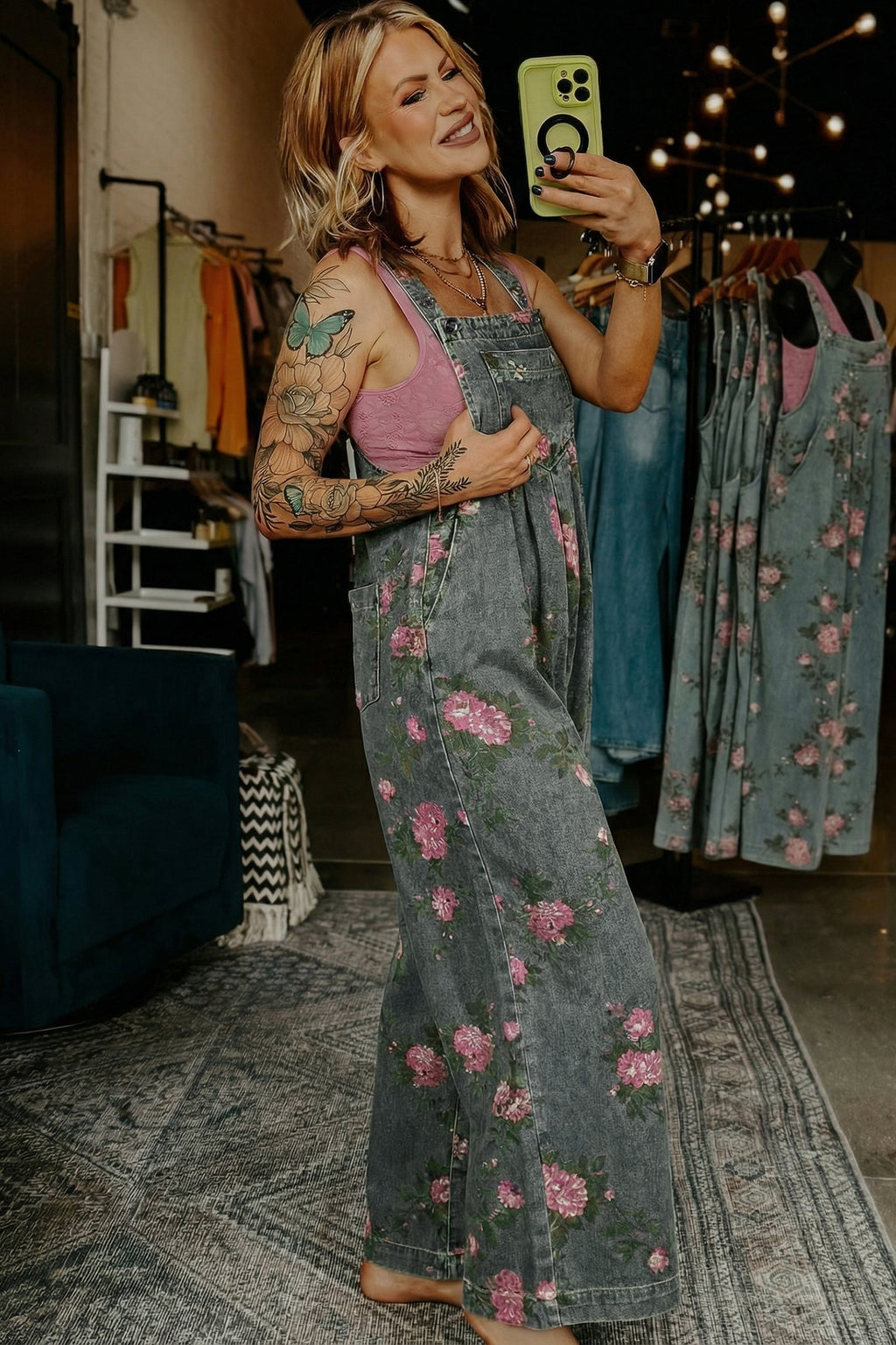 Floral Print Pleated Wide Leg Denim Jumpsuit