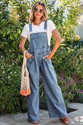Dusk Blue Pleated Wide Leg Retro Pocketed Denim Jumpsuit