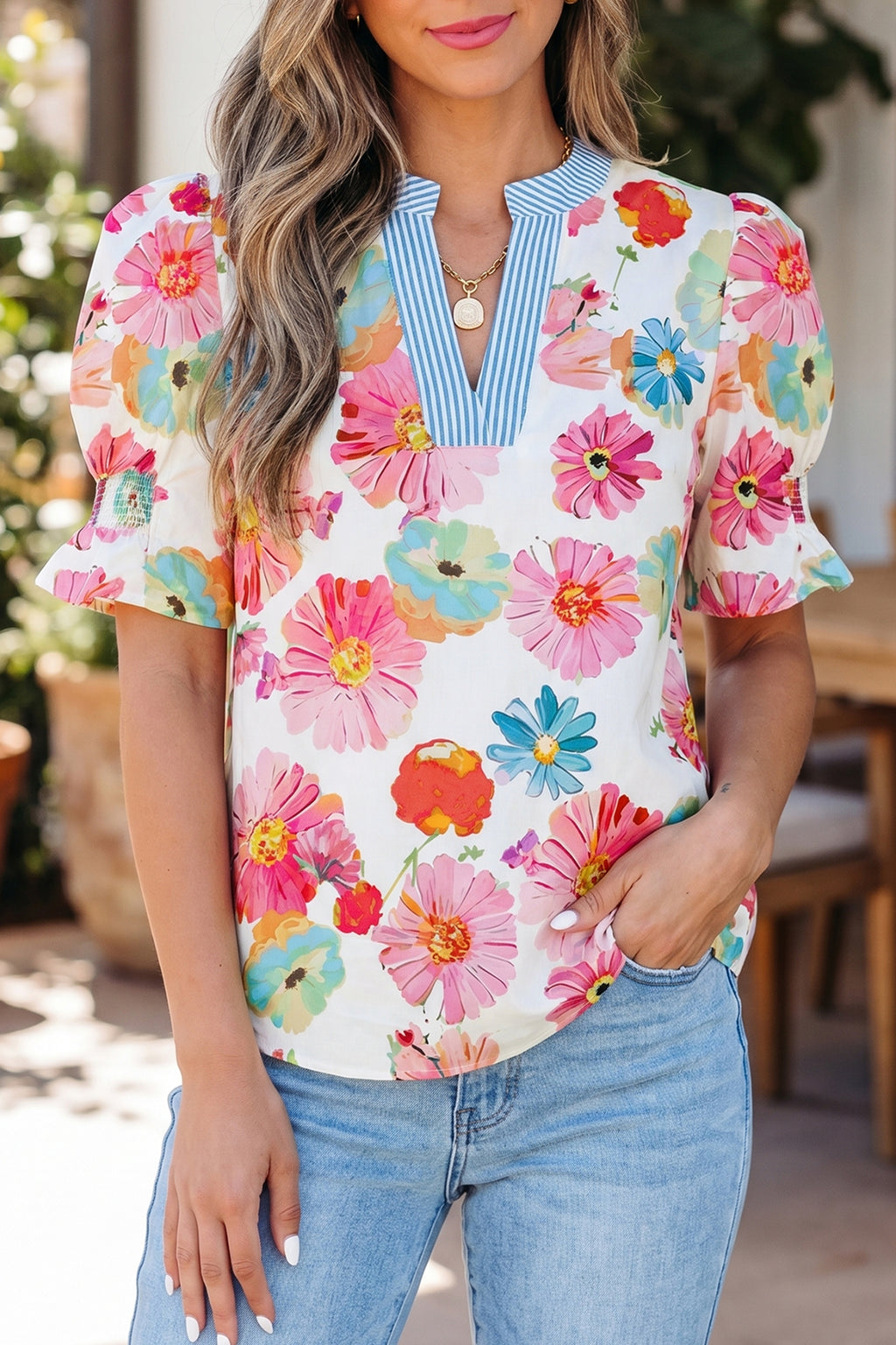 Floral Print Short Puff Sleeve Blouse