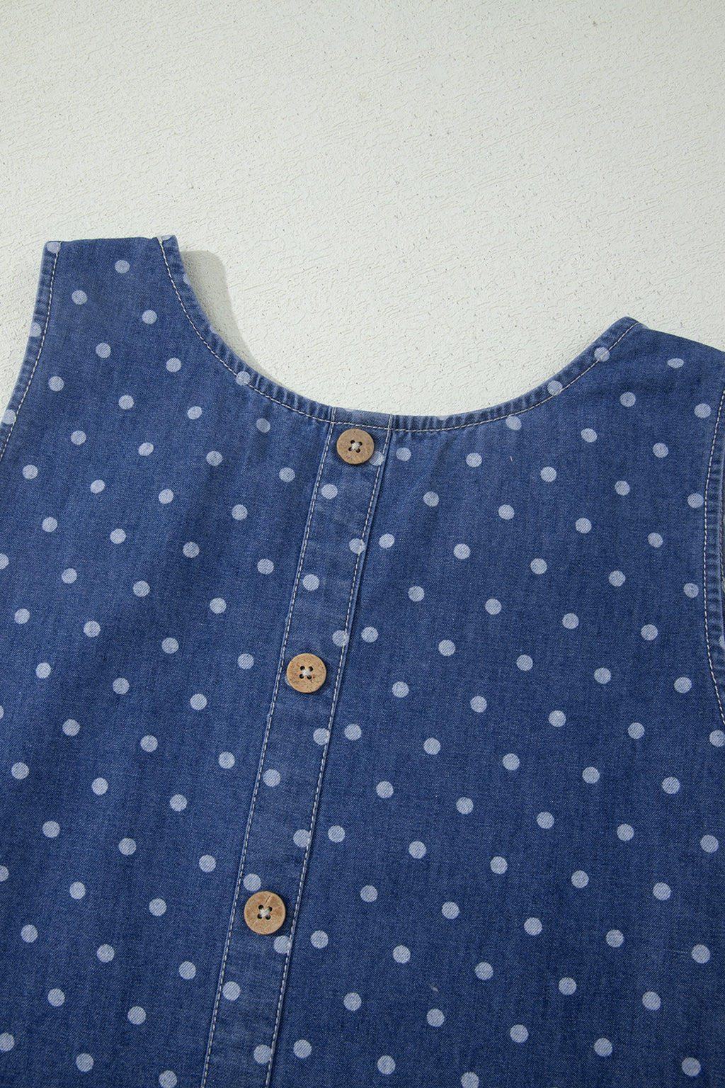 Blue Polka Dot Ruffle Hem Sleeveless Denim Dress