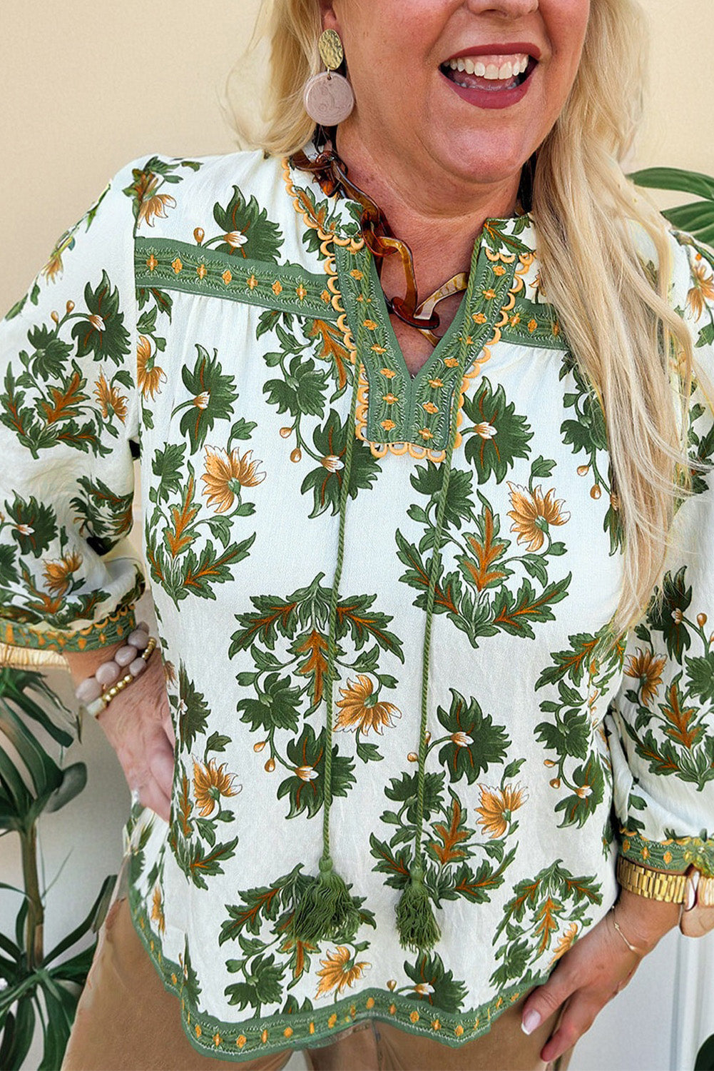 Green Plus Size Floral Printed Detail Blouse