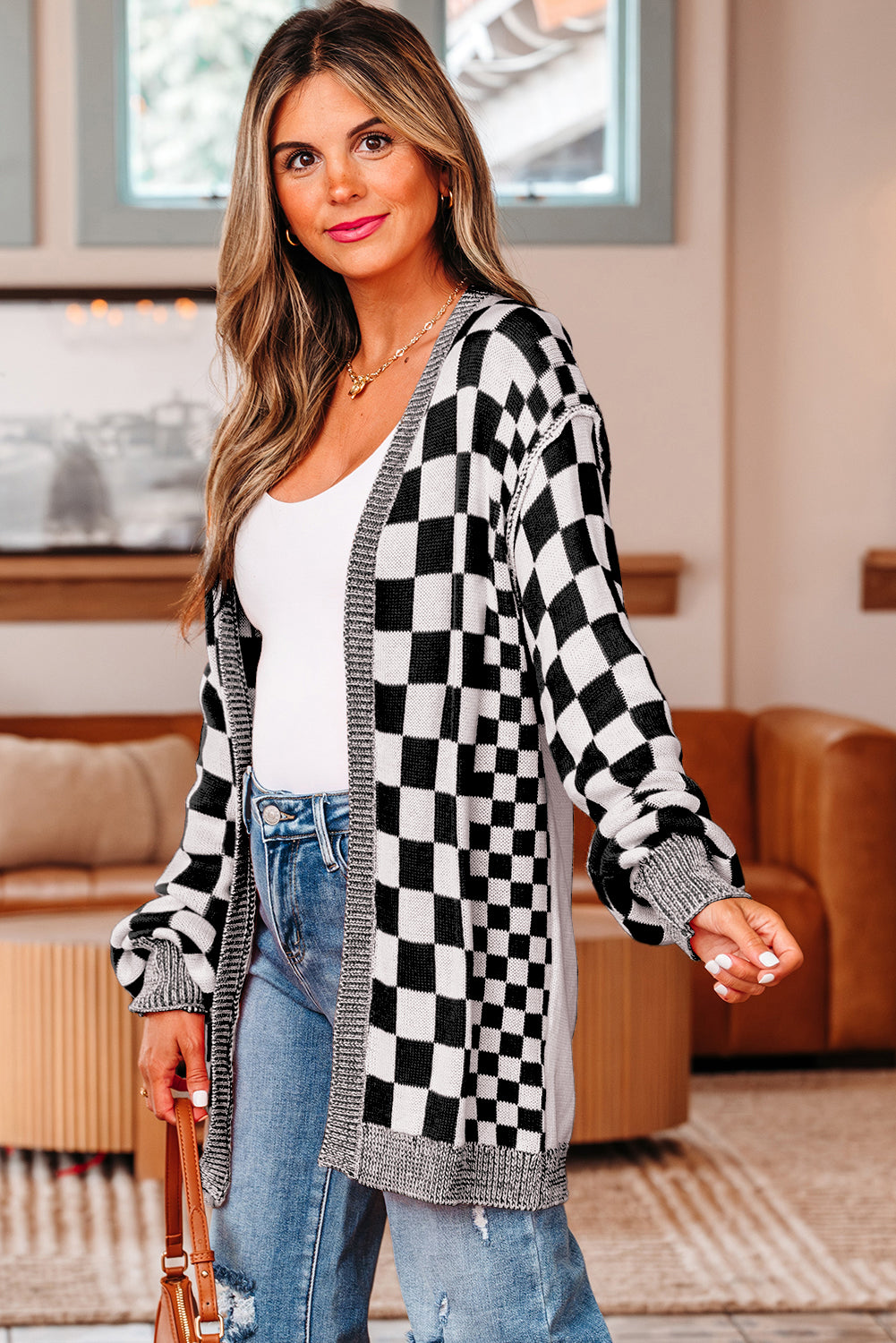 Checkered Open Front Drop Shoulder Cardigan