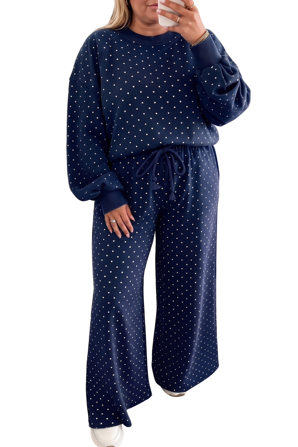 Brown Polka Dot Round Neck Long Sleeve Plus Size Set