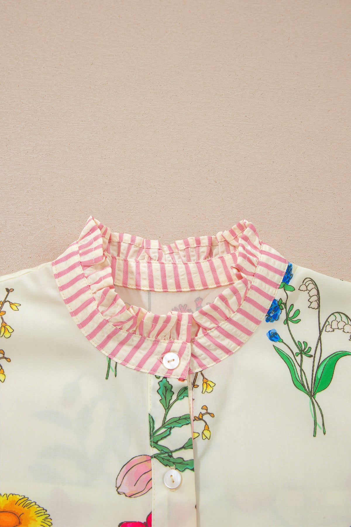 Beige Floral Striped Patchwork Ruffled Collar Shirt