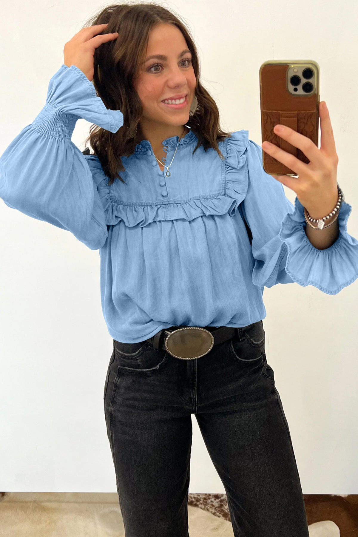 Western Ruffle Long Sleeve  Blouse