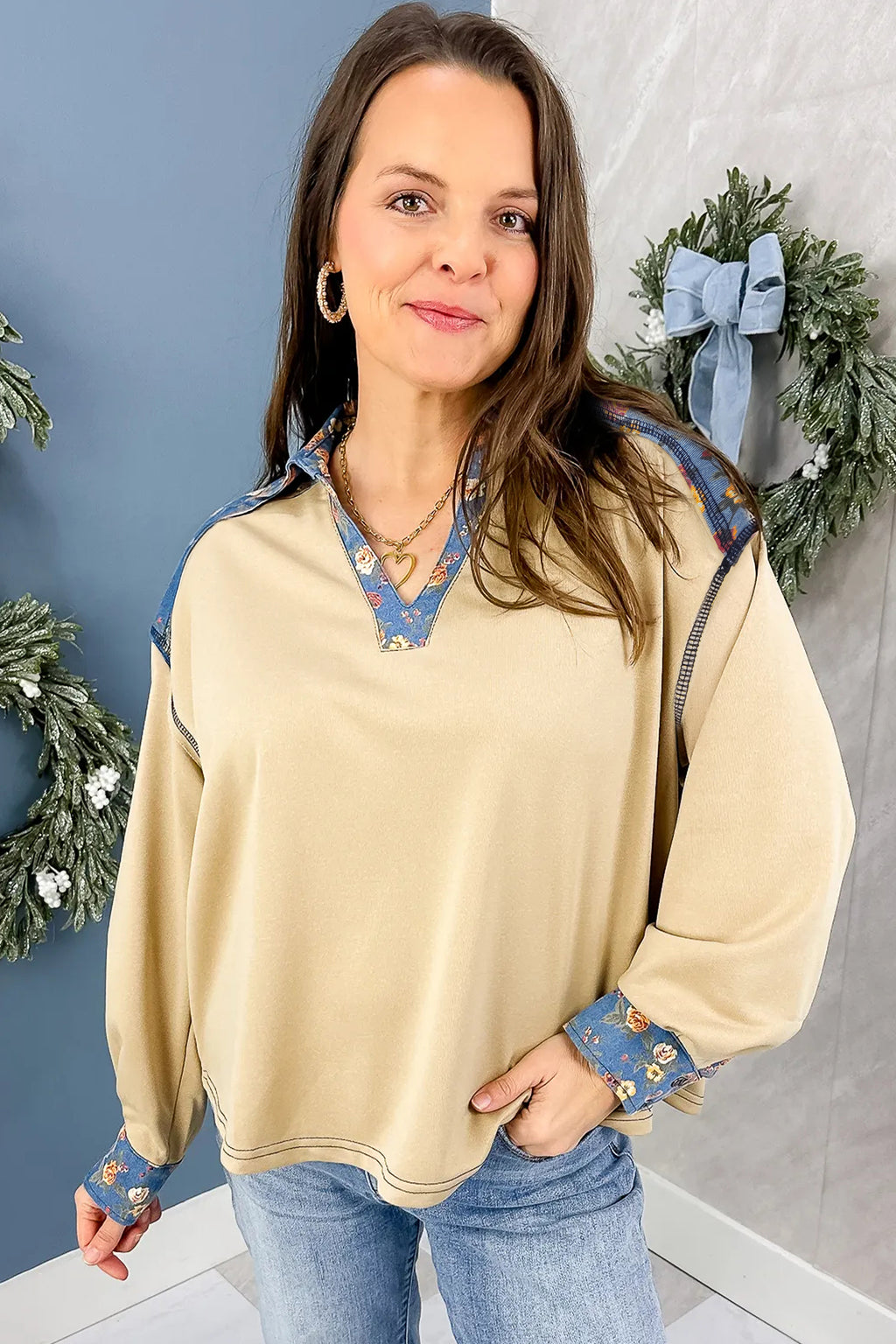 Floral Denim Patchwork Collar Long Sleeve Pullover Top