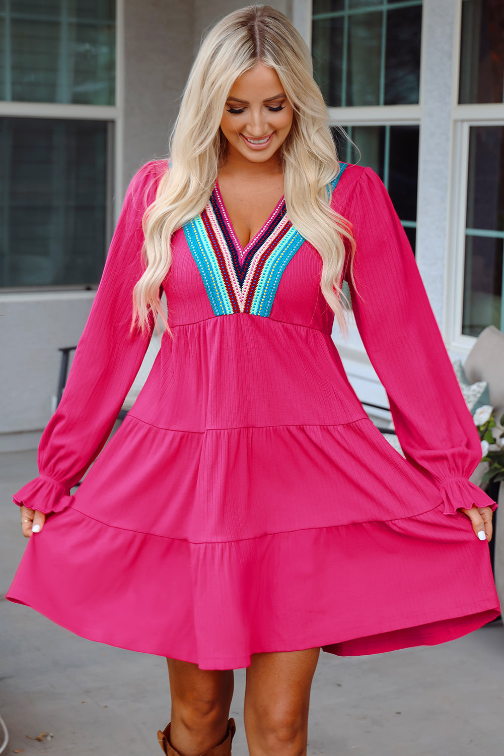 Rose Red Colorful Ruffled Long Sleeve Dress