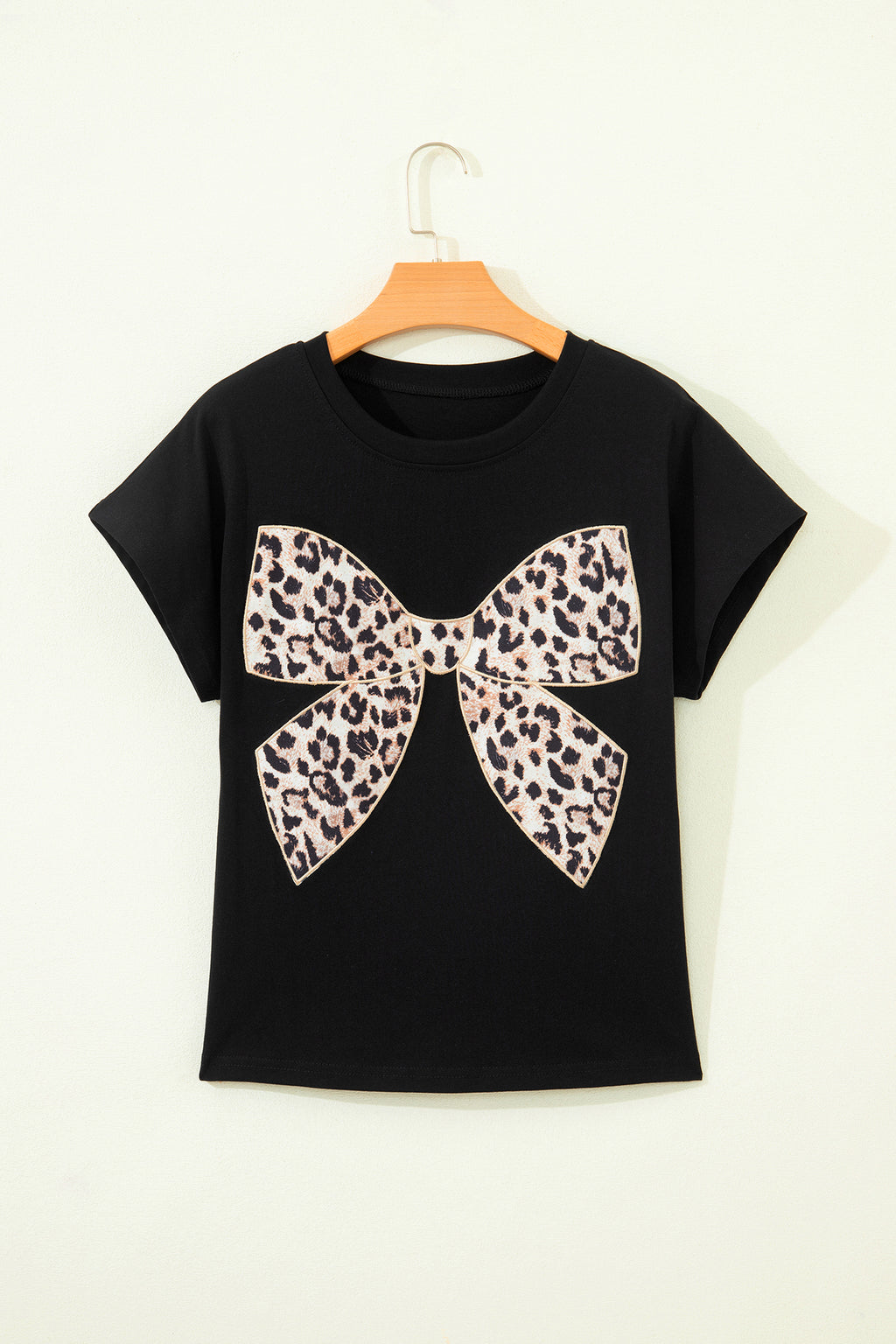 Leopard Bow Embroidered Cotton T Shirt