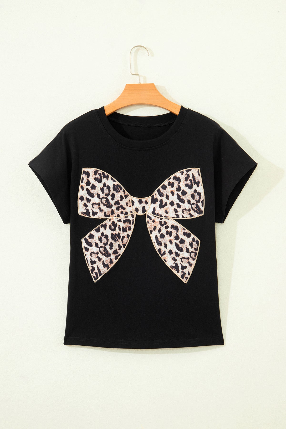 Leopard Bow Embroidered Cotton T Shirt