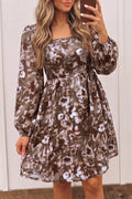 Brown Floral Print Square Neck Dress