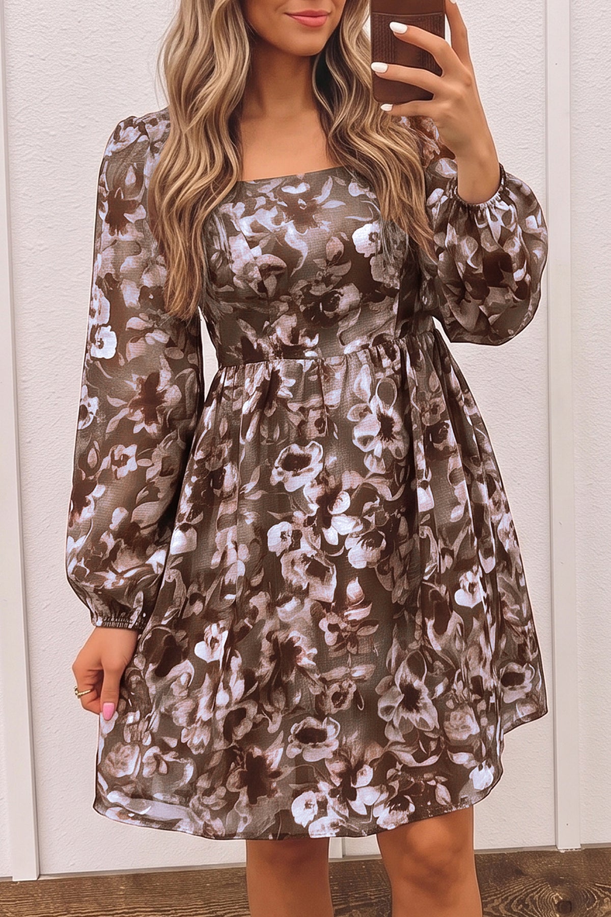 Brown Floral Print Square Neck Dress