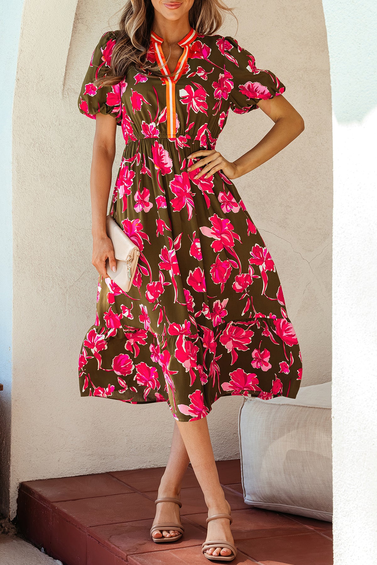 Floral Print Striped Ruffle Hem Maxi Dress